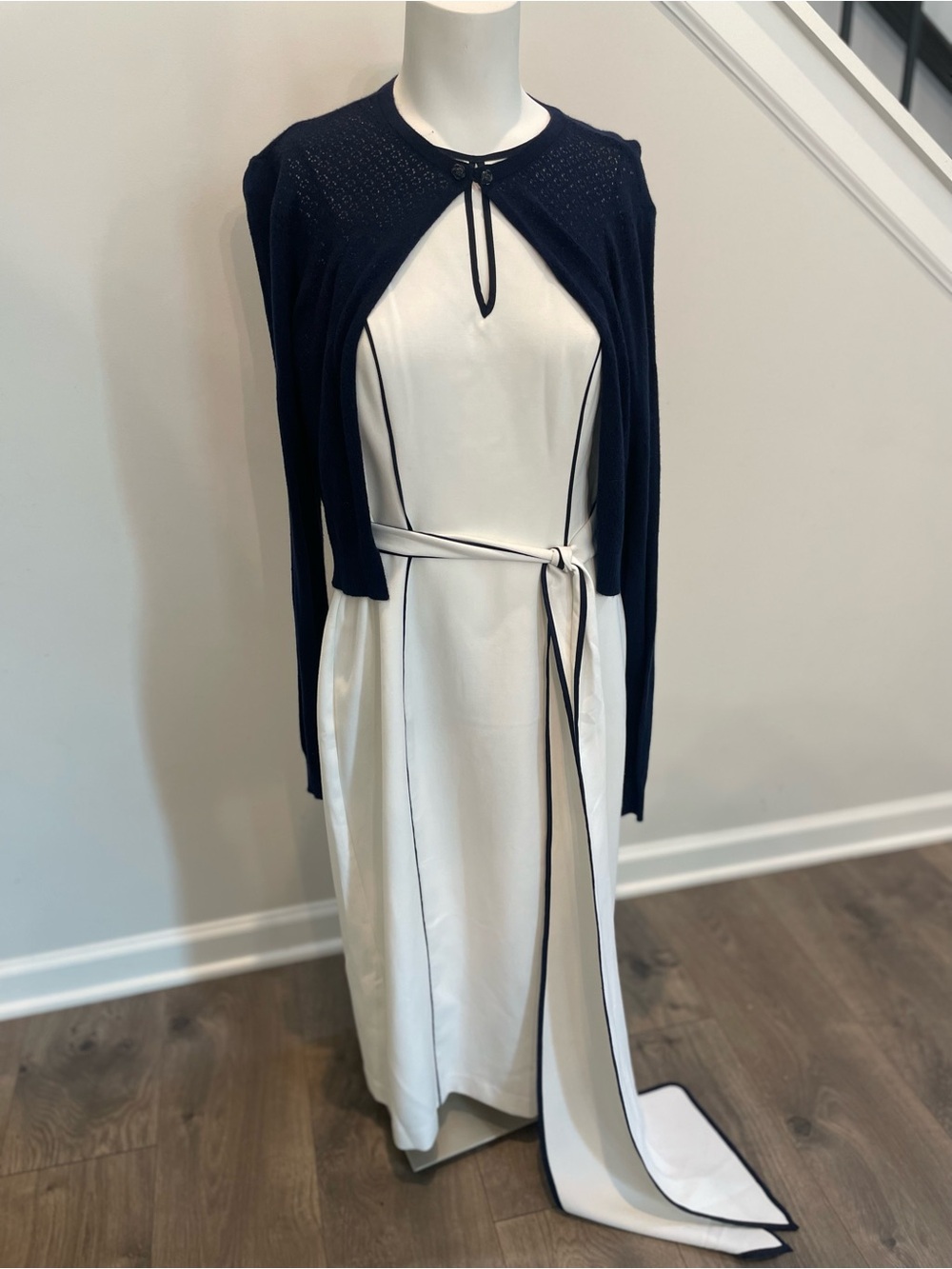 New York & Company White Midi Dress with Black Trim and Belt - Picture 6 of 6